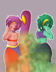 2girls ass big_ass big_butt blush dark-skinned_female dark_skin fart fart_cloud fart_fetish farting farting_contest farting_on_another farts female female_only gassychan_(artist) genie green_body green_hair green_skin holding_nose jean_shorts jeans multiple_girls pointy_ears purple_hair rottytops shantae shantae_(character) shorts smell smelly smelly_ass smile smiling stinky straight_hair zombie zombie_girl