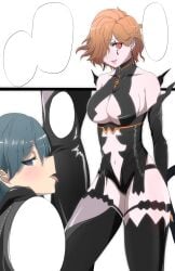 2girls bad_end blank_eyes blue_eyes blue_hair blush boot_fetish brainwashed brainwashing breasts_cutout byleth_(fire_emblem) byleth_(fire_emblem)_(female) comic defeated defeated_heroine drool drooling empty_eyes eyebrows eyebrows_visible_through_hair eyelashes eyelashes_visible_through_hair female_only femdom femsub fire_emblem fire_emblem:_three_houses foot_fetish hypnosis hypnotized kronya_(fire_emblem) lesbian licking_boot licking_leg licking_shoes light_skin magic makeup mind_control nintendo orange_hair pale_skin pink_eyes simple_background skimpy smile smug speech_bubble spit text_bubble textless tongue tongue_out transformation white_background worship yuri ze_r0_ze_r0