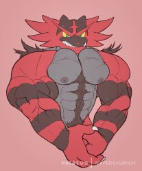 abs black_fur claws feline flexing game_freak green_eyes incineroar male_only muscular muscular_anthro muscular_arms muscular_male nintendo nipples nude pecs pink_background pokémon_(species) pokemon red_fur ripped-saurian smiling smirk solo solo_male tiger yellow_sclera