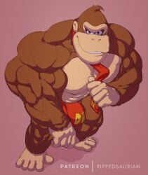 abs ape biceps bodybuilder bulge chest_hair donkey_kong donkey_kong_(series) flaccid male_only muscular muscular_anthro muscular_arms muscular_legs muscular_male muscular_thighs nintendo nipples pecs pink_background ripped-saurian smirk solo solo_male speedo stubby_tail tie triceps