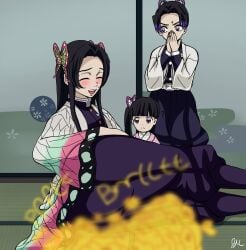 3girls ? beanermane black_hair blush closed_eyes demon_slayer fart fart_cloud fart_fetish farting female kimetsu_no_yaiba kochou_kanae kochou_shinobu multiple_girls open_mouth purple_eyes smile tsuyuri_kanao