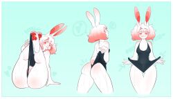 anthro ass blue_background border breasts butt_floss clitoris clothed clothing clothing_pull digital_media_(artwork) english_text female front_view fur furry furry_only genitals gradient_hair hair heart hi_res ima_(imabunbun) imabunbun lagomorph leporid licking licking_lips mammal multiple_poses navel_outline nipple_outline one-piece_swimsuit pawpads pink_hair pink_pawpads pink_pussy pose pussy pussy_floss rabbit rear_view shaded simple_background solo spiral_eyes swimwear swimwear_pull tail text thick_thighs tongue tongue_out white_body white_border white_fur white_hair