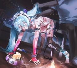 1boy aqua_eyes aqua_hair asymmetrical_legwear black_legwear body_writing breasts collar crying crying_with_eyes_open detached_sleeves drugged drugs elbow_gloves eyebrows_visible_through_hair female gloves hair_between_eyes hatsune_miku highres long_hair medium_breasts mismatched_legwear nipple_piercing nipples open_mouth pet_bowl piercing sad sex_toy shoes single_shoe slave tattoo tears thighhighs torture twintails very_long_hair vocaloid ying_yi