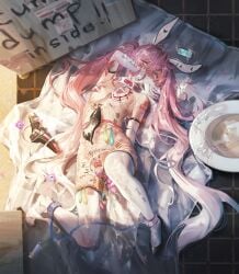 absurdly_long_hair absurdres after_rape after_sex body_writing bondage broken_rape_victim collar condom elbow_gloves female full_body gloves hair_between_eyes hair_ornament hatsune_miku highres human_toilet leash long_hair looking_at_viewer mind_break pink_hair rape sad sakura_miku secretly_loves_it slave solo tears thighhighs twintails used_condom very_long_hair vocaloid white_gloves white_legwear ying_yi