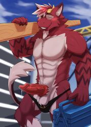 anthro balls barazoku blush bodily_fluids breasts claws construction_site digital_media_(artwork) dragon erection fur genital_fluids genitals hair hi_res horn kemono knot male mammal muscular muscular_anthro muscular_male nude penis smile solo vitaly_(artist) worker