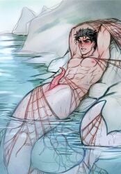 animal_genitalia animal_penis black_hair blue_eyes blush blushing diamond_is_unbreakable dilf erect_nipples erect_penis jojo's_bizarre_adventure jotaro_kujo kora-jo male male_only merfolk merman muscular ocean partially_submerged solo_male stardust_crusaders stone_ocean tapering_penis trapped water wet