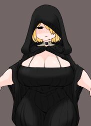 blonde_hair blush curvy elden_ring fia_the_deathbed_companion fromsoftware hood hooded_cloak looking_at_viewer mob_face suna_ponz tagme