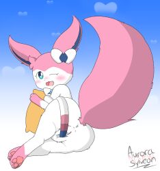 <3_eyes ass aurora_sylveon aurorasylveon blush eeveelution female female_feral feral feral_only fluffy fluffy_tail genitals heart looking_at_viewer masturbation nintendo one_eye_closed pokémon_(species) pokemon presenting presenting_hindquarters pussy simple_background solo sylveon vaginal_masturbation vaginal_penetration video_games wink winking_at_viewer