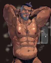 1male abs armpits bara beard biceps bodybuilder daddy dilf facial_hair hairy_chest hands_behind_head male_only manly mature_male muscular muscular_male mustache nipples pecs shiny_skin solo_male steaming_body steamy sweaty tagme uncle vyron_(world_flipper) world_flipper zaddy