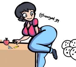 animated animated_gif apple ass big_ass big_breasts black_hair blue_pants breasts bubble_butt clapping_cheeks desk female female_focus francyart34 fully_clothed miss_betty_(francyart34) pink_shirt school shoes short_hair student teacher teacher_and_student