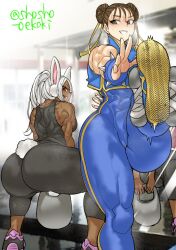 2girls ass big_ass blush bouncing_breasts breasts brown_eyes brown_hair bunny_ears capcom chun-li crossover dark-skinned_female dark_skin exercise female female_only fully_clothed gym miruko muscular_female my_hero_academia red_eyes rumi_usagiyama shosho_oekaki street_fighter street_fighter_alpha thick_thighs voluptuous watermark weightlifting weights white_background white_hair workout workout_clothes