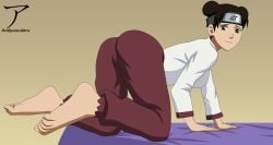 1girls all_fours arekusanderu ass barefoot bent_over big_ass blush breasts brown_hair feet female female_only fully_clothed looking_at_viewer naruto naruto_(series) naruto_shippuden no_shoes pants shirt sideboob smile solo solo_focus tenten