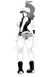 1girls ass big_breasts breasts eye_contact female_focus female_only game_freak greyscale hat hilda_(pokemon) kobo_(cobo_0609) long_hair looking_at_viewer minishorts monochrome nintendo pokemon pokemon_bw shorts sideboob solo standing thick_thighs