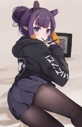 1girls ass ass_focus blush blushing_at_viewer drawing eating eyebrows_visible_through_hair fan_mascot_(vtuber) female female_focus female_only highres hololive hololive_english hololive_myth hoodie light-skinned_female light_skin looking_at_viewer mole mole_under_eye multicolored_hair ninomae_ina'nis orange_hair pale-skinned_female pale_skin pantyhose pointy_ears purple_eyes purple_hair short_hair shuuzo skirt tako_(ninomae_ina'nis) thick_thighs very_high_resolution virtual_youtuber