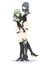 2girls alternate_costume bad_end big_ass bigger_female blue_eyes blue_hair breasts byleth_(fire_emblem) byleth_(fire_emblem)_(female) corruption cosplay fingerless_gloves fire_emblem fire_emblem:_three_houses flayn_(fire_emblem) green_eyes green_hair hair_ornament happy_female high_heel_boots holding_each_other holding_shoulder holding_thighs kronya_(fire_emblem)_(cosplay) large_breasts leg_between_thighs light_skin long_gloves looking_at_viewer makeup nintendo sideboob simple_background size_difference skimpy skimpy_clothes small_ass small_breasts smaller_female standing transformed white_background ze_r0_ze_r0