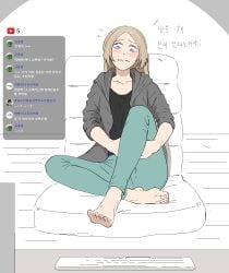 blonde_hair blush cat_in_the_box feet feet_up girl_(cat_in_the_box) korean_text nervous pepe_the_frog streaming tagme