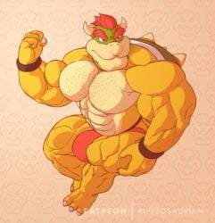 abs bodybuilder bowser bulge chest_hair claws flaccid hairy jockstrap koopa male_only mario_(series) muscular muscular_anthro muscular_arms muscular_male muscular_thighs nintendo nipples red_eyes red_hair ripped-saurian solo solo_male spikes stubble wrist_cuffs