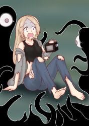 barefoot blonde_hair camera cat_in_the_box crying girl_(cat_in_the_box) imminent_rape imminent_tentacle_rape monster scared scared_expression tagme tears tentacle torn_clothes torn_clothing