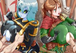 2boys 2girls anasteria armor belt black_sclera blush breast_grab breast_squeeze breasts brown_hair capelet cleavage cleavage_cutout closed_mouth clothed_paizuri colored_sclera colored_skin complex_background female flag fully_clothed gauntlets green_eyes grey_hair grey_skin grim_dawn hair_between_eyes hands-free hands-free_paizuri huge_breasts insignia kneeling korinia large_breasts lips lipstick motion_lines nipples nipples_visible_through_clothing open_mouth paizuri paizuri_under_clothes penis perpendicular_paizuri ponytail pouch redoart scroll shine shoulder_pads sitting surprised tied_hair torn_clothes torn_clothing uniform wall