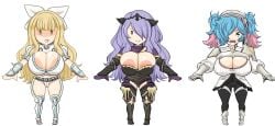 3girls aokuro areolae bangs bare_thighs black_panties blonde_hair breasts camilla_(fire_emblem) charlotte_(fire_emblem) chibi chibi_style cleavage closed_eyes covered_nipples crying curvy evil_grin female female_only fire_emblem fire_emblem_fates gloves grin hair_over_one_eye horns huge_breasts inner_thighs lineup long_hair makeup medium_hair multicolored_hair multiple_girls nintendo open_mouth panties pantyhose peri_(fire_emblem) purple_hair runny_makeup smile thick_thighs thighs twintails very_long_hair voluptuous wavy_hair white_background white_panties