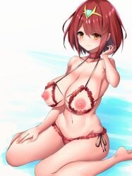 1girls ally_(eden154) big_breasts bikini breasts curvaceous curvy curvy_body curvy_female curvy_figure female female_focus female_only huge_breasts large_breasts laterrate nipples pyra red_hair short_hair solo solo_female voluptuous xenoblade_(series) xenoblade_chronicles_2