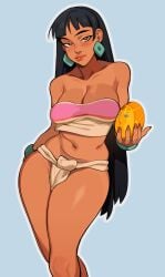 1girls biting_lip biting_own_lip black_hair blue_background blunt_bangs blush bracelet brown_eyes chel dark-skinned_female dark_skin hime_cut loincloth long_fingernails long_hair midriff pelvic_curtain porqueloin solo the_road_to_el_dorado thick_thighs thighs thighs_together tube_top