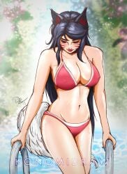 1girls ahri athletic_female big_ass bikini black_hair blush clear_sky erect_nipples eyelashes fox fox_ears fox_girl fox_tail grabbing hair_down konomidraw large_breasts league_of_legends long_hair looking_down makeup nail_polish nature navel nipples_visible_through_clothing outdoors outside pool railing red_lipstick riot_games shiny swimsuit thick_thighs thong tight_clothing vastaya water