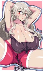 1girls arms_behind_head bare_midriff bare_shoulders bare_thighs breasts cleavage collarbone corrin_(fire_emblem) corrin_(fire_emblem)_(female) female female_only fire_emblem fire_emblem_fates hair_between_eyes huge_breasts long_hair nintendo open_mouth pink_background red_eyes senak012 shorts solo spread_legs tank_top thick_thighs thighs