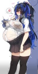 1other absurdres anger_vein angry ass_grab bangs big_belly black_hair black_legwear blue_hair blush breast_grab breasts curvy dark_nipples delinquent_turned_wife_(konoshige) dress_shirt female grabbing highres huge_breasts konoshige_(ryuun) lactation lactation_through_clothes long_hair male multicolored_hair nipple_tweak nipples original plump pregnant pussy_juice ryuun_(stiil) see-through_shirt sharp_teeth shirt simple_background skirt solo_focus straight streaked_hair teeth thick_thighs thighhighs thighs