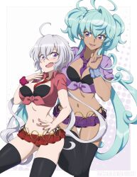 2girls absurdres ahoge aqua_hair artist_name between_breasts black_legwear black_panties bra_cups_sticking_out braid breasts cagliostro_(symphogear) chuunioniika crop_top dark-skinned_female dark_skin front-tie_top highres large_breasts long_hair low_twintails midriff miniskirt multiple_girls nail_polish navel necktie open_mouth panties purple_eyes scrunchie senki_zesshou_symphogear short_sleeves side-tie_panties silver_hair skimpy_clothes skirt slutty_outfit smile thighhighs twintails two_side_up underwear very_long_hair wrist_scrunchie wristband yukine_chris yuri