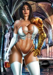 1girls black_hair brown_eyes cleavage corset emma_frost_(cosplay) huge_breasts indian killbiro long_gloves looking_at_viewer marvel medium_hair original original_character robotic_arm thick_thighs thong voluptuous