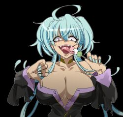 ahoge bare_shoulders black_background blue_hair blue_nails breasts cagliostro_(symphogear) cleavage crazy_eyes dango dark-skinned_female dark_skin drooling female food kouji_(kari) large_breasts long_hair looking_at_viewer nail_polish saliva senki_zesshou_symphogear solo thumbs_down tongue tongue_out wagashi