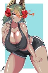 1girls bare_thighs breasts breasts_bigger_than_head cleavage collarbone curvy dark-skinned_female dark_skin earrings female female_only fire fire_emblem fire_emblem_heroes flower glowing_eyes green_hair hair_flower horns huge_breasts laegjarn_(fire_emblem) laegjarn_(summer)_(fire_emblem) leaning_forward multicolored_hair nintendo red_eyes red_flower senak012 short_hair shorts sideboob solo tank_top thick_thighs thighs voluptuous