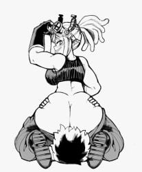 1boy 1boy1girl 1girls ass big_ass big_breasts big_butt black_and_white black_clothing blush bottomless breasts butt facesitting giant_ass hands_on_ass hands_on_butt handwear hatsume_mei huge_ass huge_butt izuku_midoriya large_ass large_butt looking_at_viewer looking_back medium_hair mei_hatsume midoriya_izuku muscular muscular_female my_hero_academia ragingbarbarians smirk tank_top tanktop tied_hair