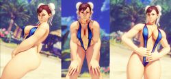 1girls 3d abs beach big_breasts bridges brown_eyes brown_hair capcom chun-li detailed_background fat_ass female female_only hair_buns hands_on_knees large_ass large_breasts looking_at_viewer nakikawa posing sling_bikini solo street_fighter street_fighter_v thick_thighs wedgie wide_hips