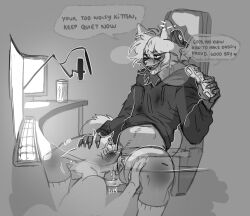 2boys ambiguous_gender ambiguous_species anthro arctic_wolf bedroom_eyes black_and_white blush bottomless bottomless_anthro bottomless_cuntboy canine clothed clothing computer computer_monitor controller cunnilingus cuntboy cuntboy_with_male desktop dominant dominant_anthro dominant_cuntboy duo duo_focus electronics facial_piercing fangs footwear game_controller gaming gaming_chair genitals half-closed_eyes hand_on_head hand_on_leg hand_on_thigh headphones hoodie humanoid_genitalia humanoid_pussy intersex jimnsei jimnsei_(character) lip_piercing male male_focus male_only mammal monochrome monster_energy multitasking narrowed_eyes open_mouth open_smile oral oral_sex penetration piercing pubes pussy pussy_juice pussy_juice_leaking sex sex_while_gaming simple_background smile smirk smug smug_face smug_grin snakebite_piercing socks spread_legs spreading tongue_in_pussy topwear vaginal_penetration wolf ych_(character)