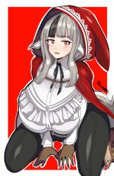 1girls alternate_breast_size bangs big_breasts breasts brown_eyes female female_only fire_emblem fire_emblem_fates gloves grey_hair hood huge_breasts kneeling large_breasts looking_at_viewer medium_hair nintendo open_mouth red_background senak012 solo tail thick_thighs thighs velouria_(fire_emblem) wolf_girl