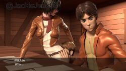 1girls 2boys 3d attack_on_titan black_eyes black_hair cheating eren_jaeger hidden hiding jackiejack99 jean_kirstein jeankasa mikasa_ackerman netorare shingeki_no_kyojin