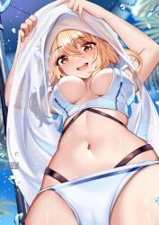 1girls beach belly_button big_breasts bikini blonde_hair breasts female female_only from_below genshin_impact hi_res looking_at_viewer lumine_(genshin_impact) midriff navel pussy_visible_through_bikini pussy_visible_through_clothes pussy_visible_through_swimsuit pussy_visible_through_thong smile squchan yellow_eyes