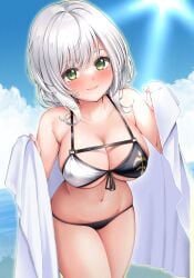 absurdres bangs beach bikini blue_sky blush breasts closed_mouth cloud cowboy_shot day eyebrows_visible_through_hair female front-tie_bikini front-tie_top green_eyes hatsanxp highres holding holding_towel hololive hololive_fantasy hololive_japan large_breasts leaning_forward lips looking_at_viewer medium_hair navel ocean shirogane_noel sky smile solo stomach sunlight swimsuit towel two-tone_bikini virtual_youtuber water white_hair