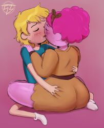 1boy 1boy1girl 1girls adventure_time age_difference ass ass_grab aunt_lolly blonde_hair blonde_hair_male blush cartoon_network clothed female finn_the_human human humanoid kissing large_ass larger_female male milf pink_hair pink_skin plump saliva_trail smaller_male thunderthot tongue_kiss