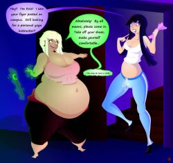 2girls attribute_swap bbw bimbo brain_drain chubby_female fat harlequin141 magic overweight sequence wand weight_gain yoga_pants