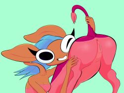 antelope anus ass blue_hair bovid breasts centaurworld female genitals gerenuk gerenuk_taur glendale_(centaurworld) hair hi_res holding_butt humanoid mammal orange_body pink_body presenting presenting_anus presenting_hindquarters presenting_pussy pussy solo tail_grab tail_pull taur true_antelope