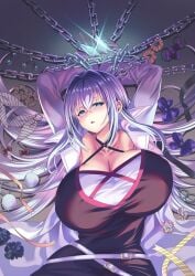 blue_eyes breasts chains cleavage female gradient gradient_background hair_ornament hair_ribbon highres huge_breasts kouji_(kari) long_hair looking_at_viewer ore_twintail_ni_narimasu purple_hair purple_ribbon red_ribbon ribbon solo twoearle very_long_hair