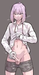 1boy blue_eyes blush censored clothes_lift clothes_pull cum deiii ejaculation genderswap_(ftm) gloves highres kantai_collection lifted_by_self long_hair male_focus masturbation penis pink_hair ribbon_hair rule_63 shiranui_(kantai_collection) shirt_lift shorts shorts_pull solo sweat testicles trap