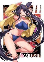 armpits black_hair blue_eyes fate/grand_order fate_(series) greeting large_breasts midriff one_eye_closed open_mouth side_ponytail sideboob swimsuit thick_thighs ulrich_(tagaragakuin) ushiwakamaru_(fate/grand_order) ushiwakamaru_(swimsuit_assassin)_(fate) yellow_jacket