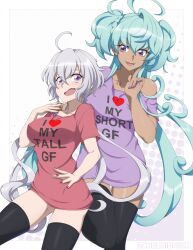 2girls absurdres ahoge aqua_hair artist_name black_legwear braid cagliostro_(symphogear) chuunioniika dark-skinned_female dark_skin english_text highres long_hair low_twintails multiple_girls nail_polish off_shoulder open_mouth purple_eyes purple_hair senki_zesshou_symphogear shirt short_sleeves smile t-shirt thighhighs twintails two_side_up wholesome yukine_chris yuri