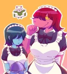 1boy 2girls anthro big_breasts blue_skin bowtie breasts butler deltarune duo_focus female_anthro female_focus female_human hair_over_eyes happy human kris_(dark_world_form) kris_(deltarune) kris_female_(deltarune) lanbung maid orange_background pixiv_id_71770255 purple_skin ralsei ralsei_with_white_fur sfw simple_background susie_(dark_world_form) susie_(deltarune) trio undertale_(series) white_fur yellow_sclera