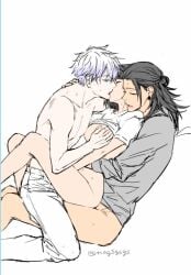 1girls 2boys albino artist_request female female_focus female_penetrated french_kiss hand_on_breast implied_double_penetration jujutsu_kaisen kissing male male/female male/female/male male_penetrating male_penetrating_female mmf_threesome nude_female on_lap pale-skinned_male romantic sandwich_position sandwiched satoru_gojo shirt_lift shirt_up shirtless shoko_ieiri suguru_geto threesome tongue_kiss white_background white_hair wholesome