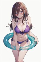 ai_generated belly_button big_breasts bikini blush brown_hair go-toubun_no_hanayome hair_between_eyes leaning_forward lifebuoy long_hair looking_at_viewer nakano_miku purple_eyes setsuaiart setsumanga slim_waist smiling smiling_at_viewer teenager white_background wide_hips young younger_female